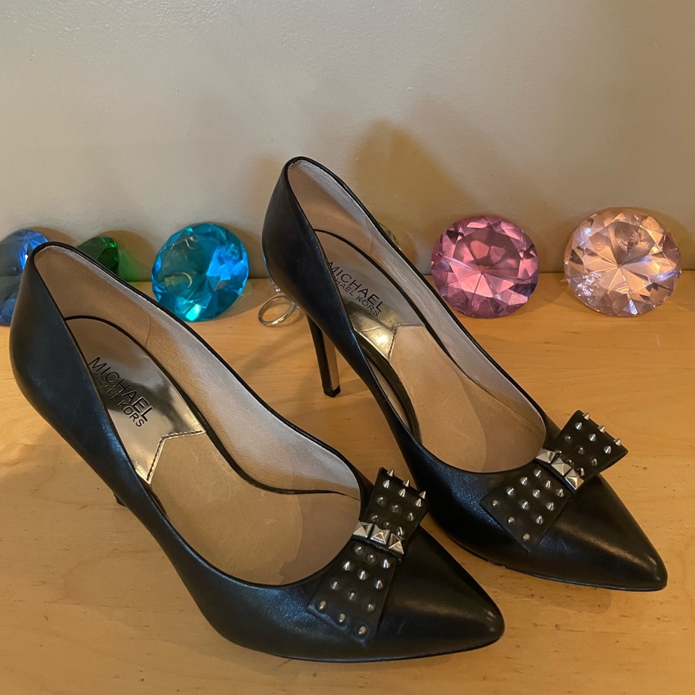 Michael Kors black leather studded bow heels